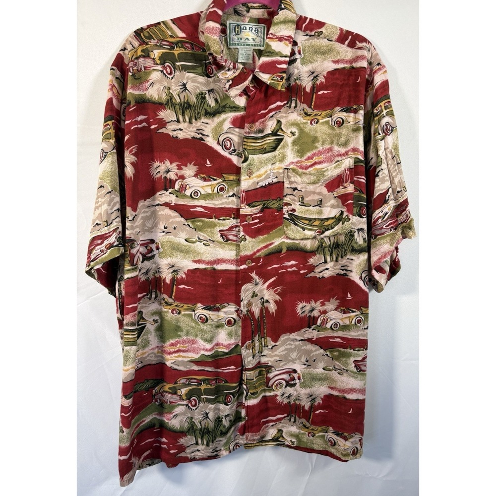 Hana Bay shirt size XL hawaiian tropical‎ short sleeve rayon button up old car